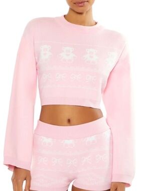 Forever 21 Fair Isle Crew Neck Teddy Bear Bow Cropped Sweater Pink Womens Small